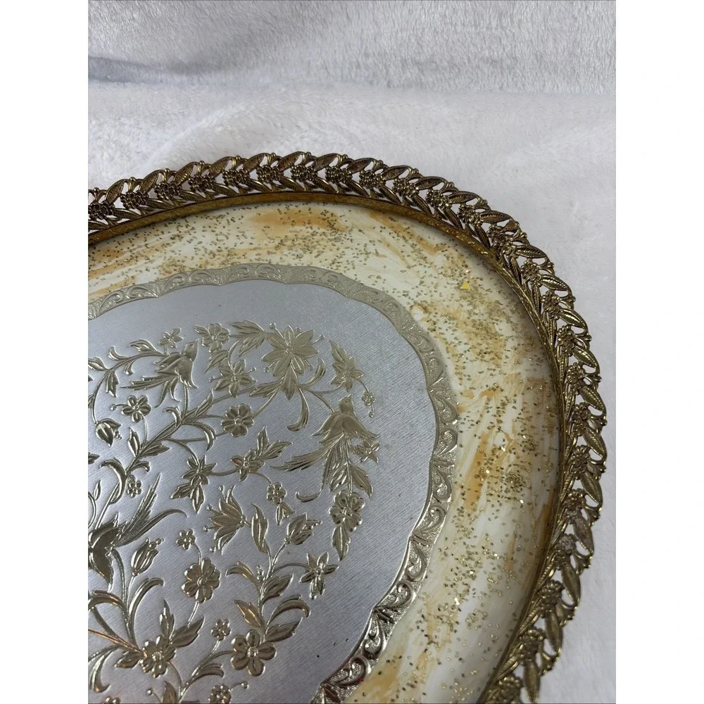 VTG 60s MCM HOLLYWOOD REGENCY GLASS & BIRD FLORAL FILIGREE ORMOLU VANITY TRAY